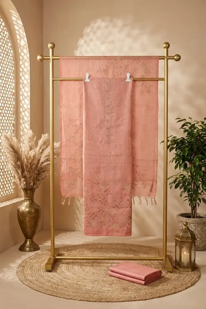 Peach Pink Handloom Silk Unstitched Salwar Suit Material