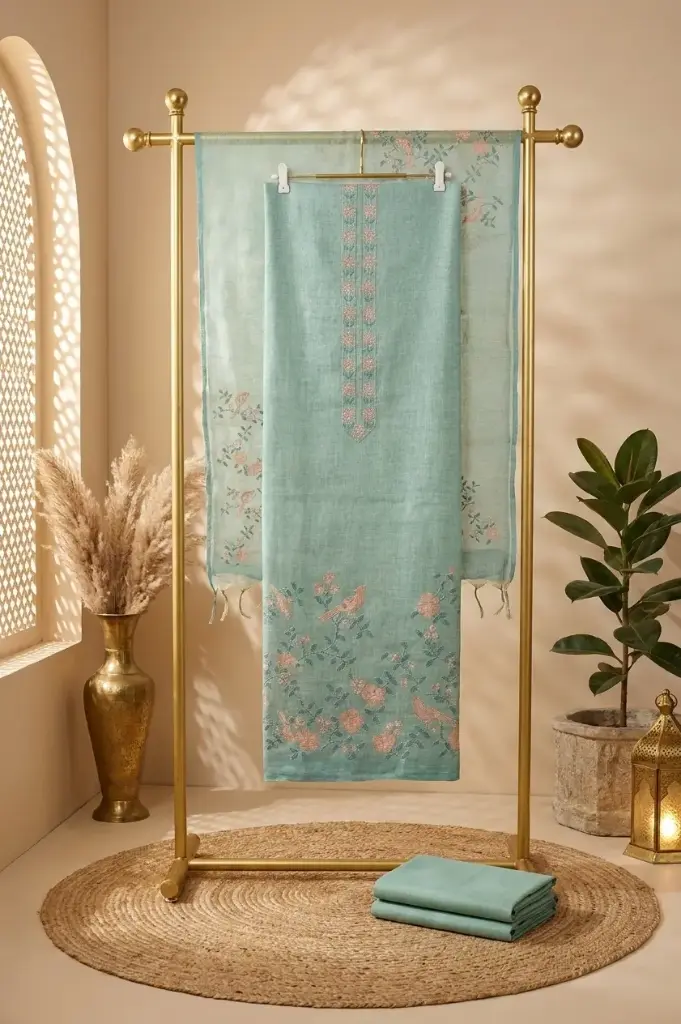 Sea Green Linen Silk Embroidered Unstitched Dress Material