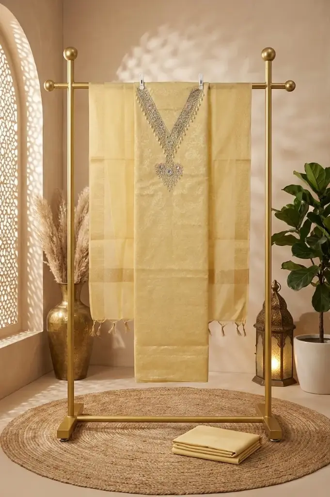 Pastel Yellow Chanderi Silk Unstitched Suit Material Set