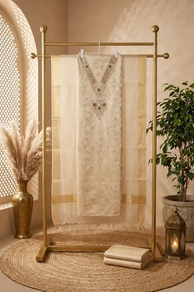 Cream Jacquard Silk Unstitched Designer Salwar Suit Set