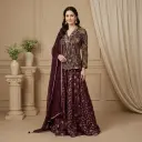 Wine Embroidered Jacket Style Indo-Western Lehenga Set