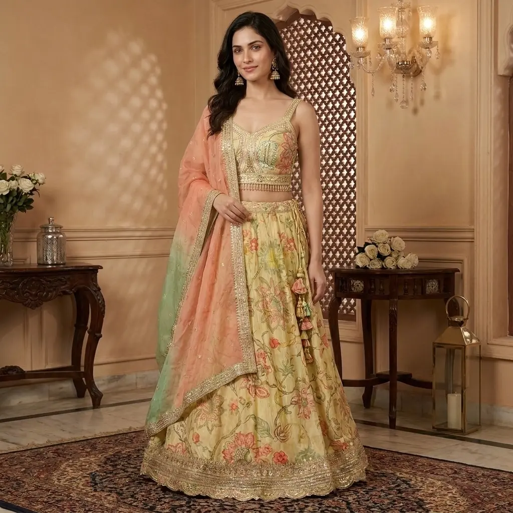 Pastel Yellow Floral Printed Silk Lehenga Choli Set
