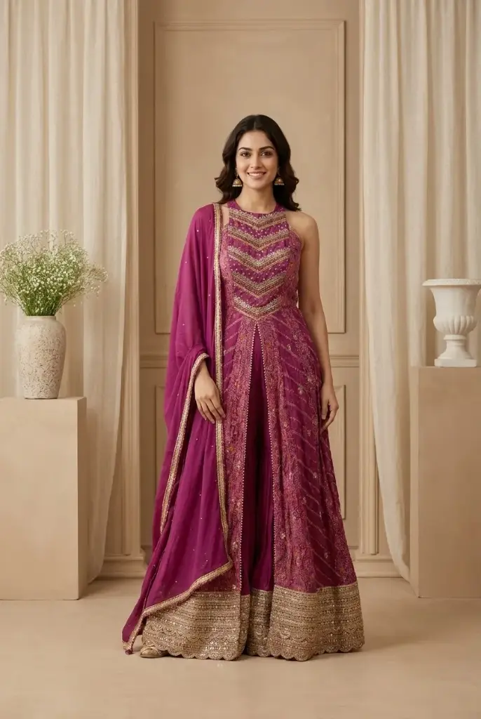 Magenta Embroidered Indo-Western Front-Slit Kurta Sharara Set