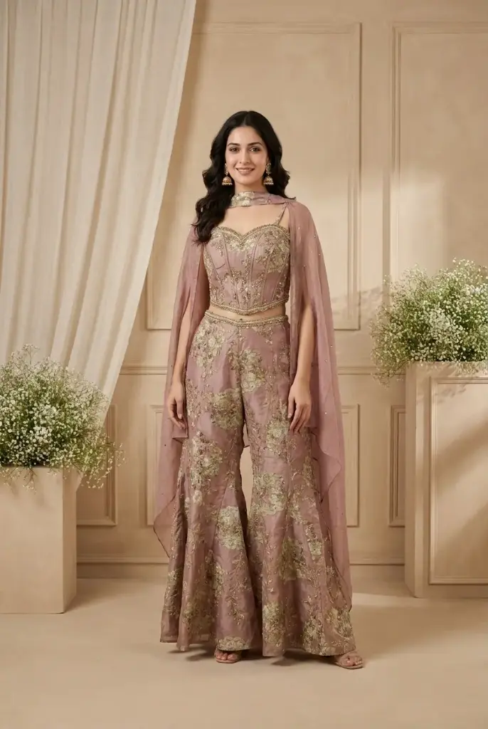Dusty Mauve Embroidered Corset Top and Sharara Set with Cape
