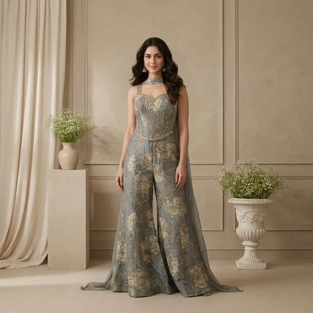 Slate Grey Embroidered Corset Top with Sharara and Cape