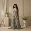 Slate Grey Embroidered Corset Top with Sharara and Cape