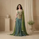 Teal n Olive Multi-Print Embroidered Crop Top Sharara Set