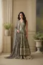 Olive Grey Printed Silk Anarkali Gown with Embroidered Dupatta