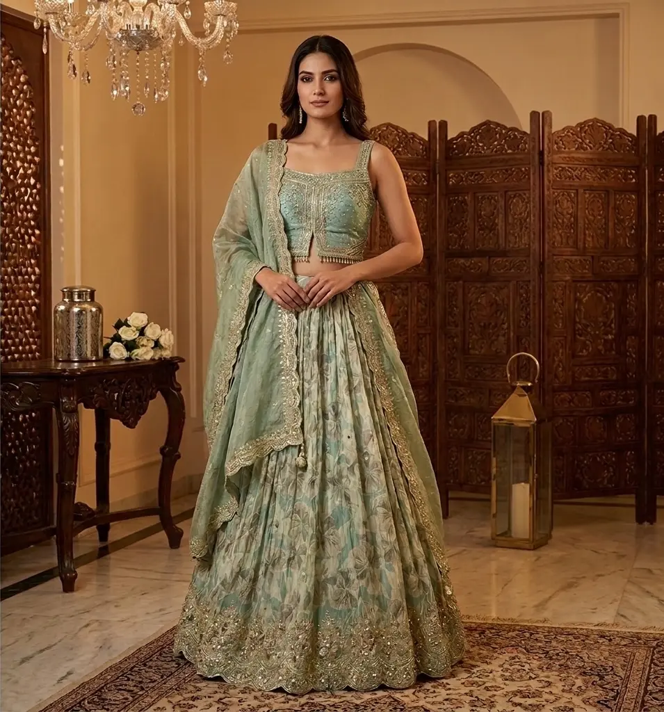 Sage Green Floral Printed Lehenga Set with Embellished Choli