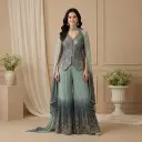 Teal Ombre Crushed Sharara Set with Embroidered Top