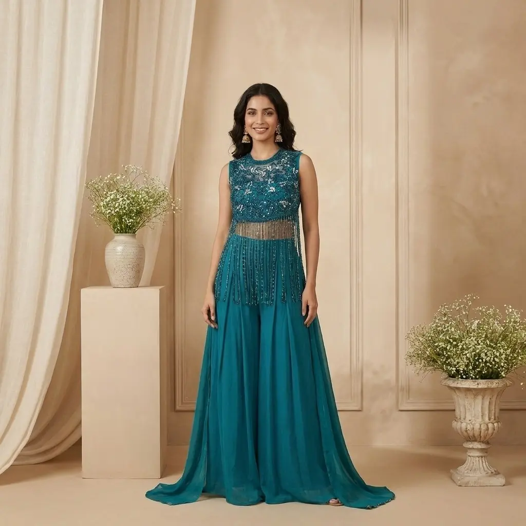 Teal Blue Hand-Embroidered Crop Top and Flared Palazzo Set