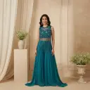 Teal Blue Hand-Embroidered Crop Top and Flared Palazzo Set