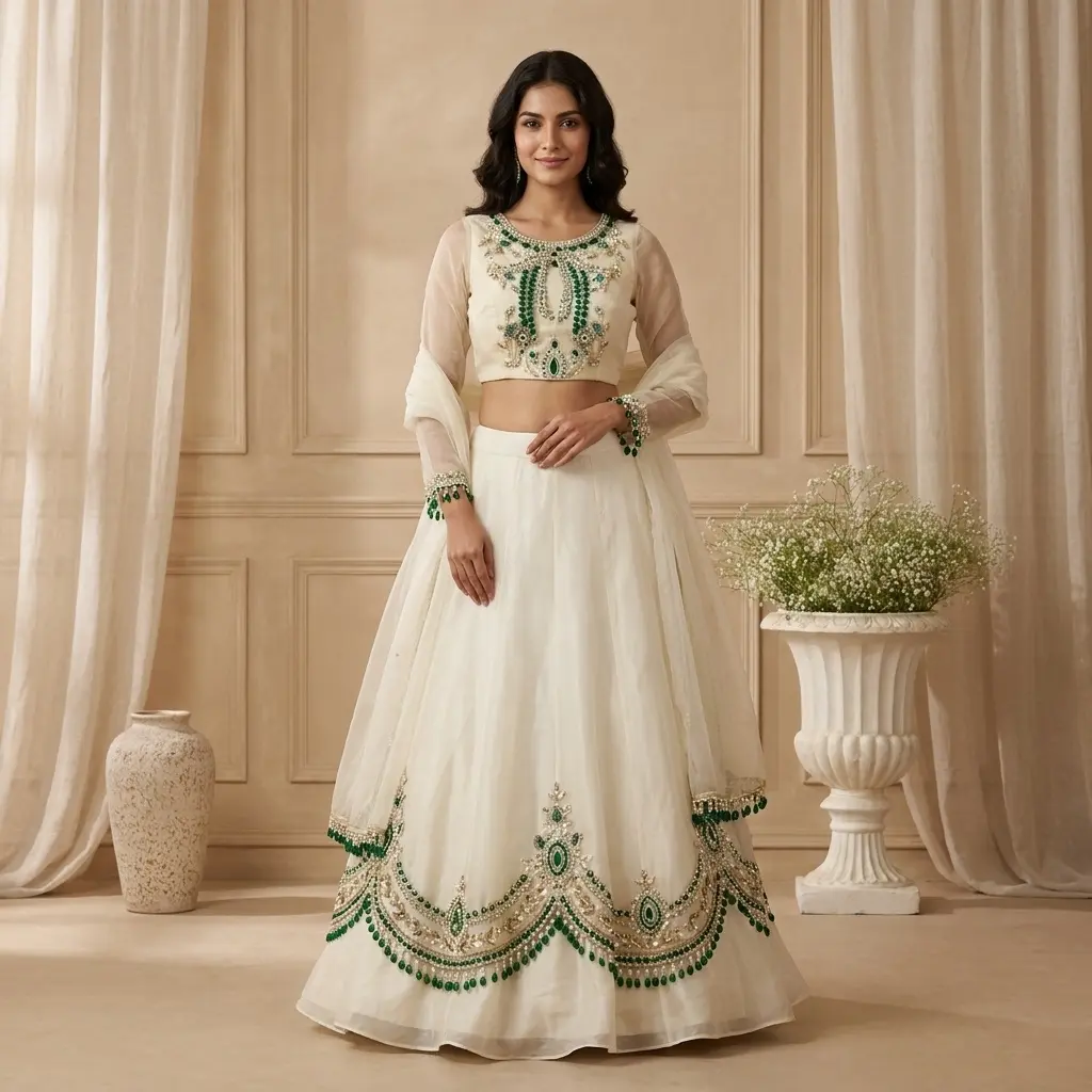 Ivory Embellished Crop Top Lehenga Set with Emerald Accents 