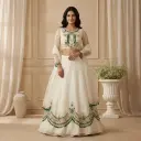 Ivory Embellished Crop Top Lehenga Set with Emerald Accents 