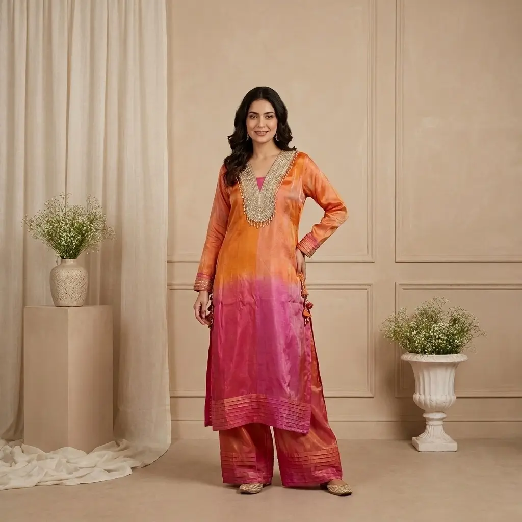Sunset Orange n Magenta Ombre Tissue Indo-Western Kurta Set