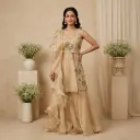 Champagne Gold Hand-Embroidered Organza Indo-Western Sharara Set