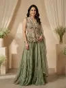 Sage Green Hand-Embroidered Peplum Top with Flared Lehenga Skirt