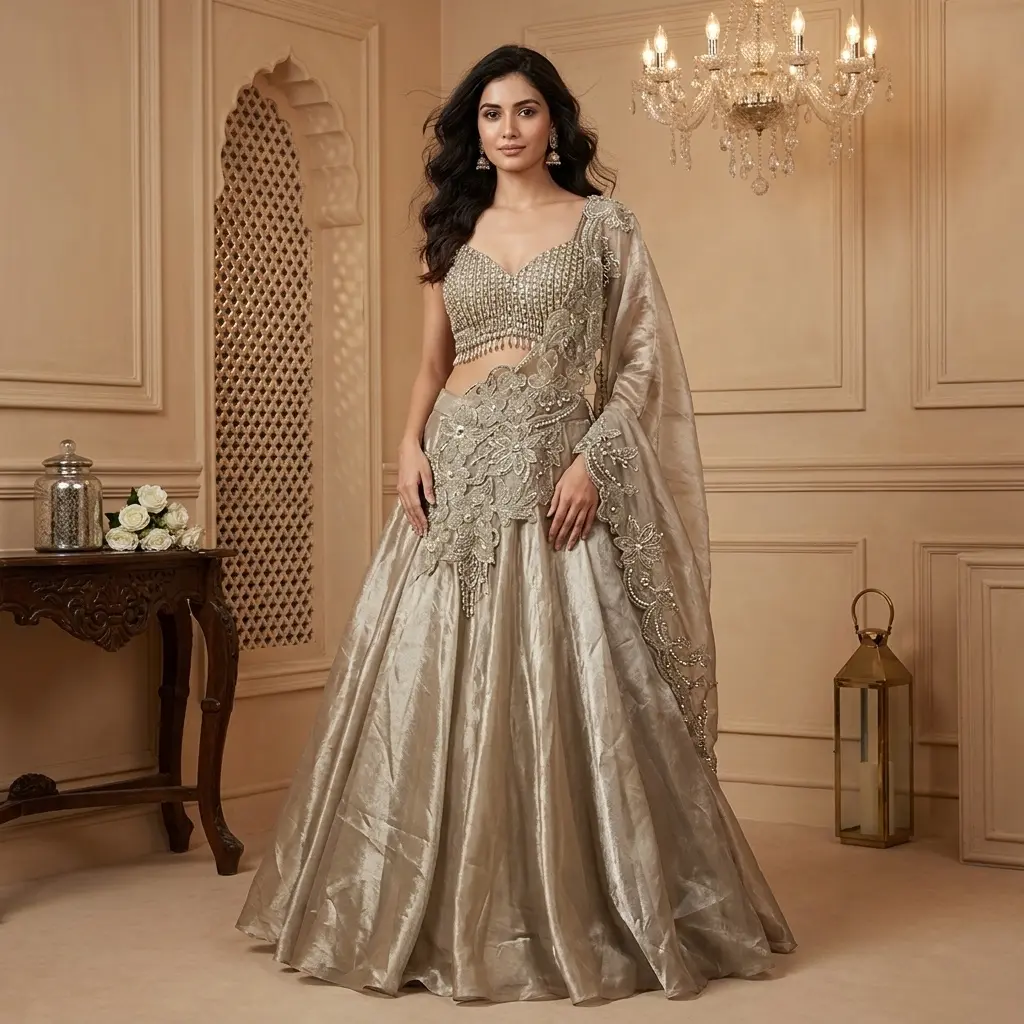 Champagne Metallic Tissue Lehenga Set with Tassel Fringe Blouse