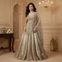 Champagne Metallic Tissue Lehenga Set with Tassel Fringe Blouse