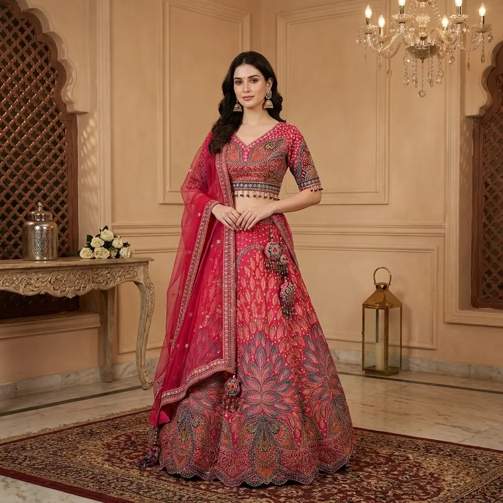 Rani Pink Embroidered Silk Designer Lehenga Choli Set