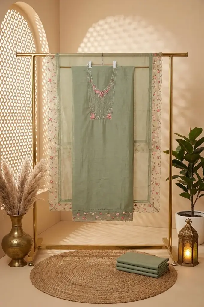 Sage Green Chanderi Silk Embroidered Unstitched Suit Material