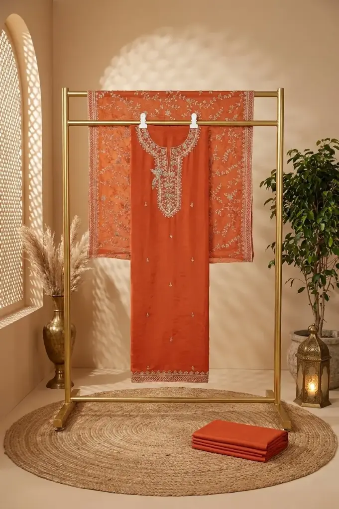 Tangerine Orange Hand Embroidered Silk Unstitched Suit Material
