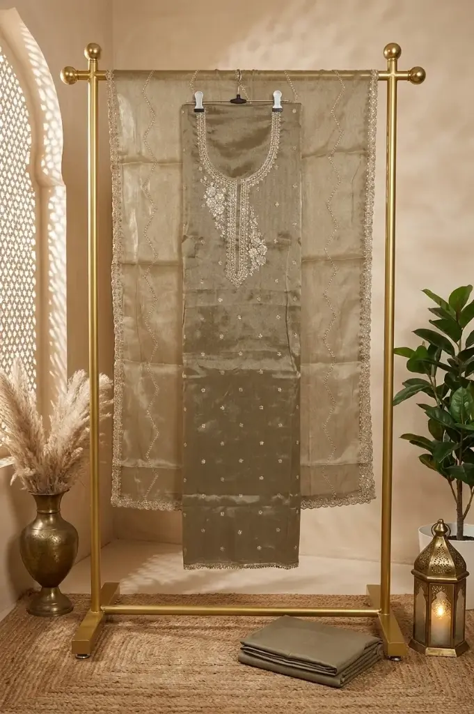 Metallic Olive Gold Tissue Embroidered Unstitched Suit Set