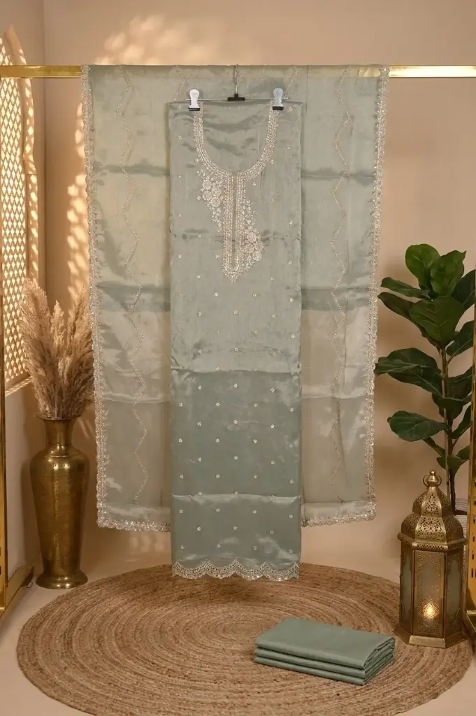 Sage Green Tissue Silk Embroidered Unstitched Suit Material