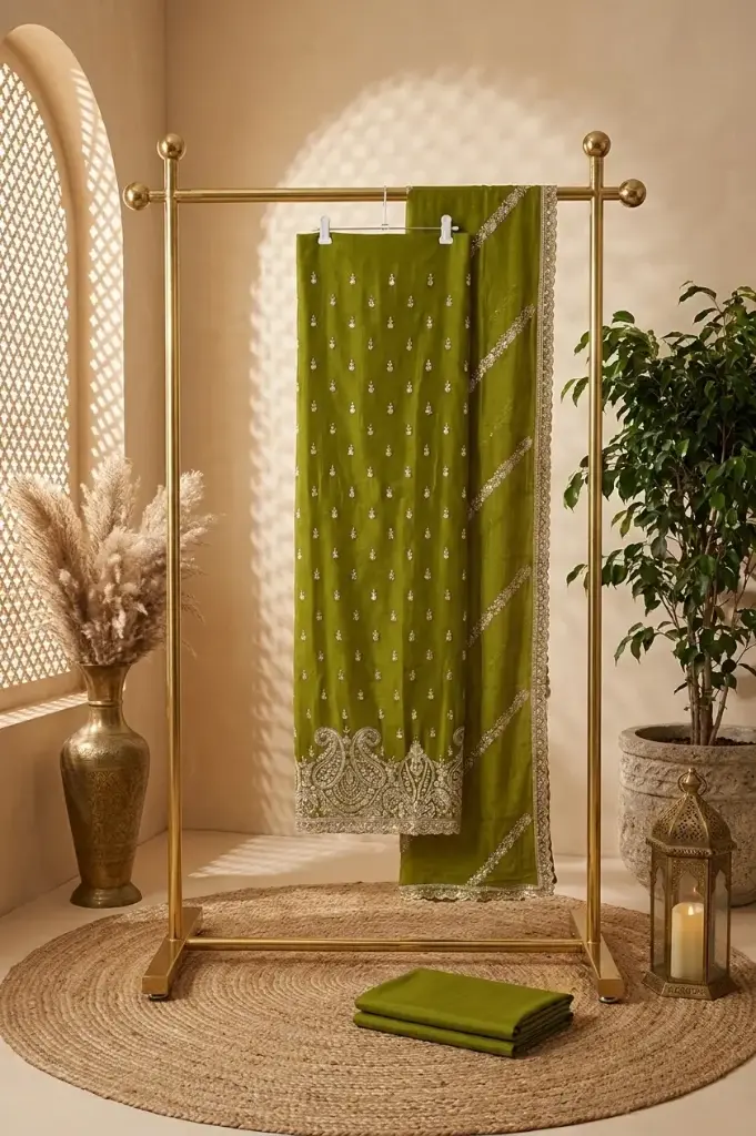 Olive Green Embroidered Chanderi Silk Unstitched Suit Material