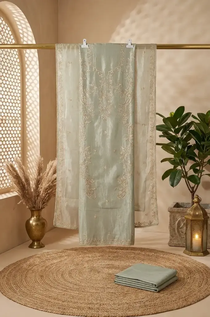 Sage Green Embroidered Silk Tissue Unstitched Dress Material
