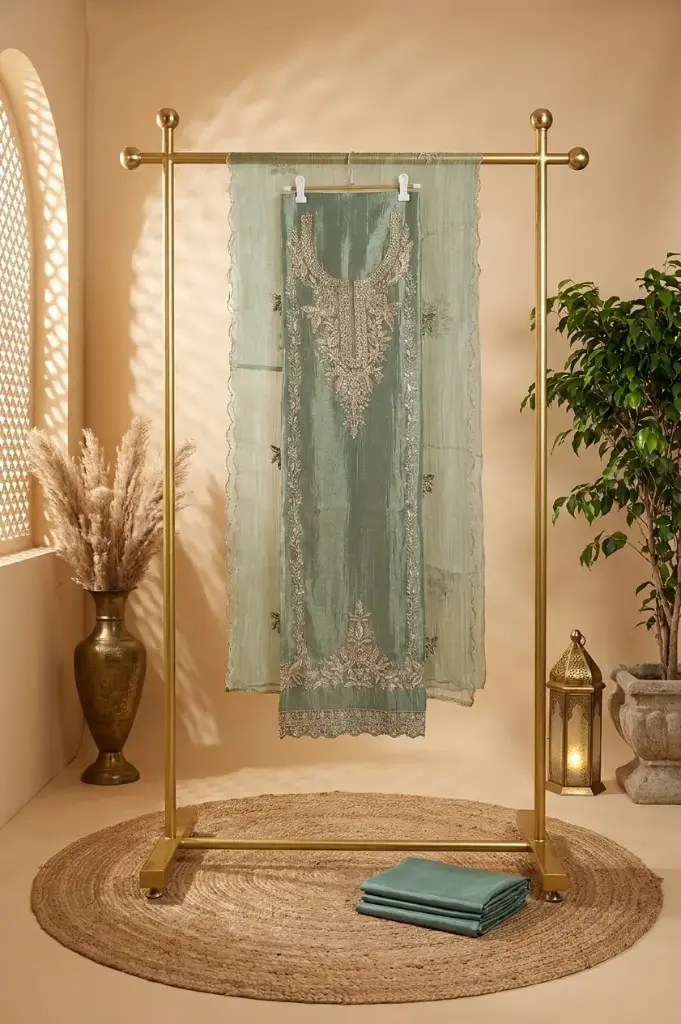 Sage Green Shimmer Silk Embroidered Unstitched Suit Material