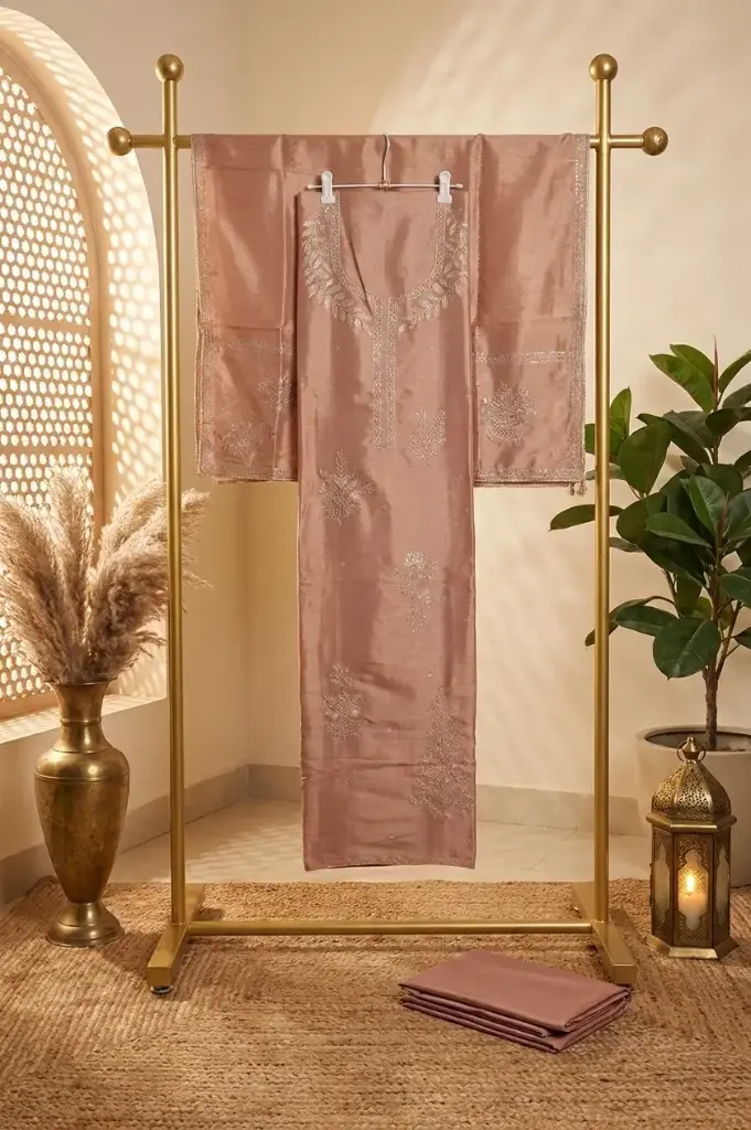 Rose Gold Handloom Silk Embroidered Unstitched Suit Material