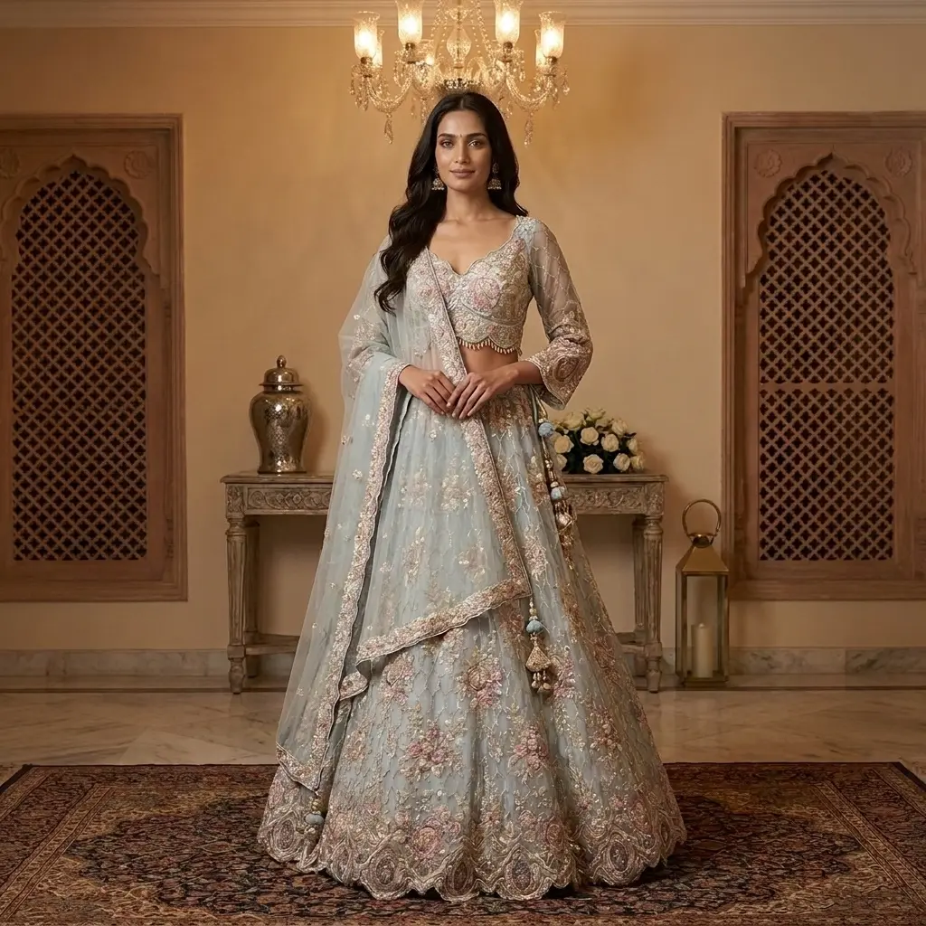 Powder Blue Embellished Net Lehenga Choli Set