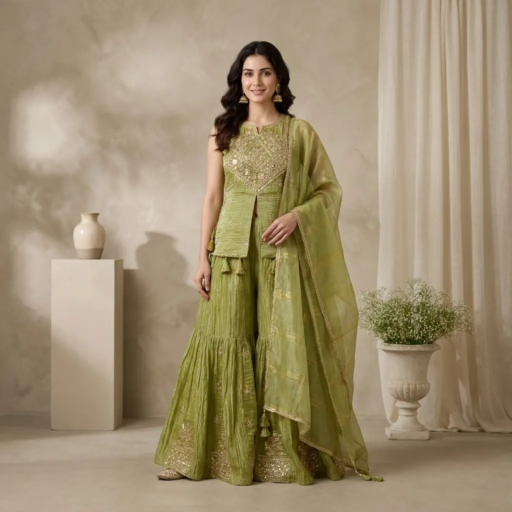 Olive Green Tissue Embroidered Peplum Top with Sharara Set 