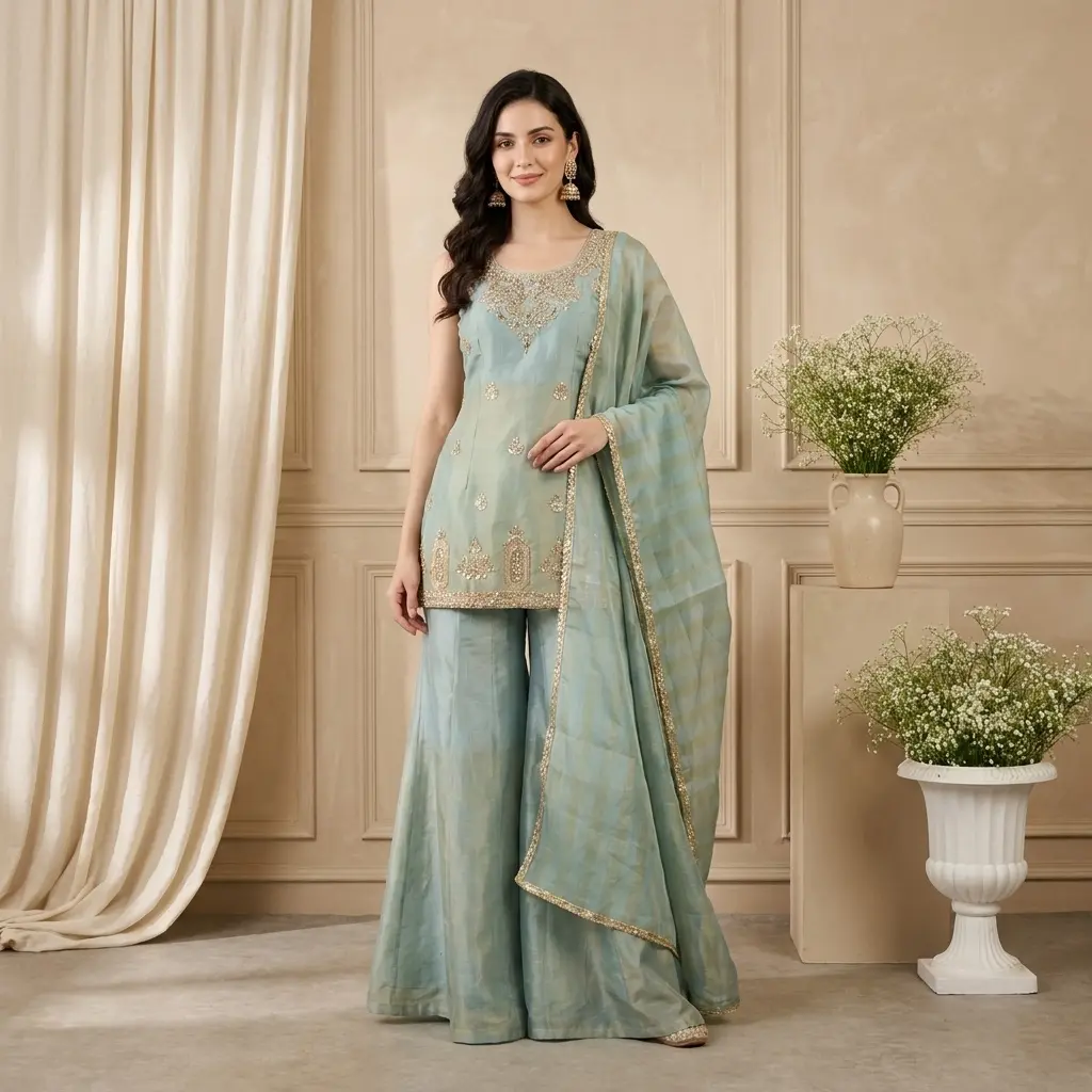 Seafoam Blue Tissue Silk Embroidered Kurti Sharara Set