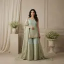 Sage Green Shimmer Tissue Kurti Sharara Set with Dupatta