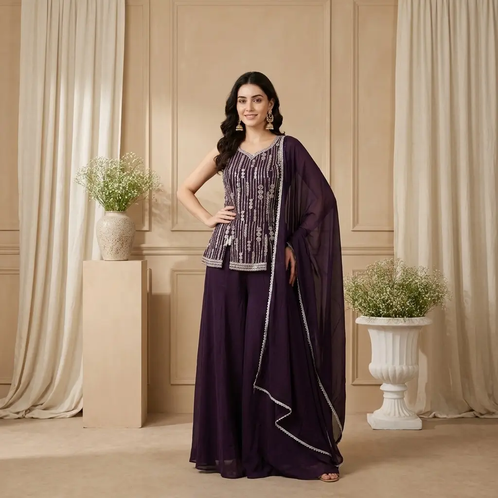 Aubergine Purple Sequin Embroidered Sharara and Peplum Top Set