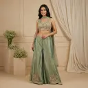 Sage Green Shimmer Tissue Embroidered Crop Top Sharara Set