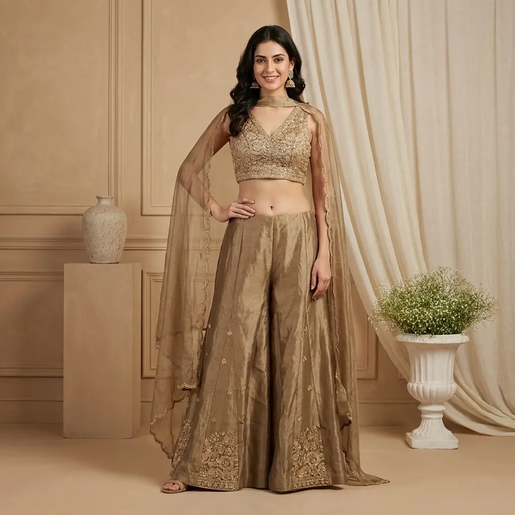 Antique Gold Shimmer Tissue Embroidered Crop Top Sharara Set