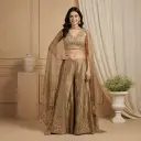 Antique Gold Shimmer Tissue Embroidered Crop Top Sharara Set