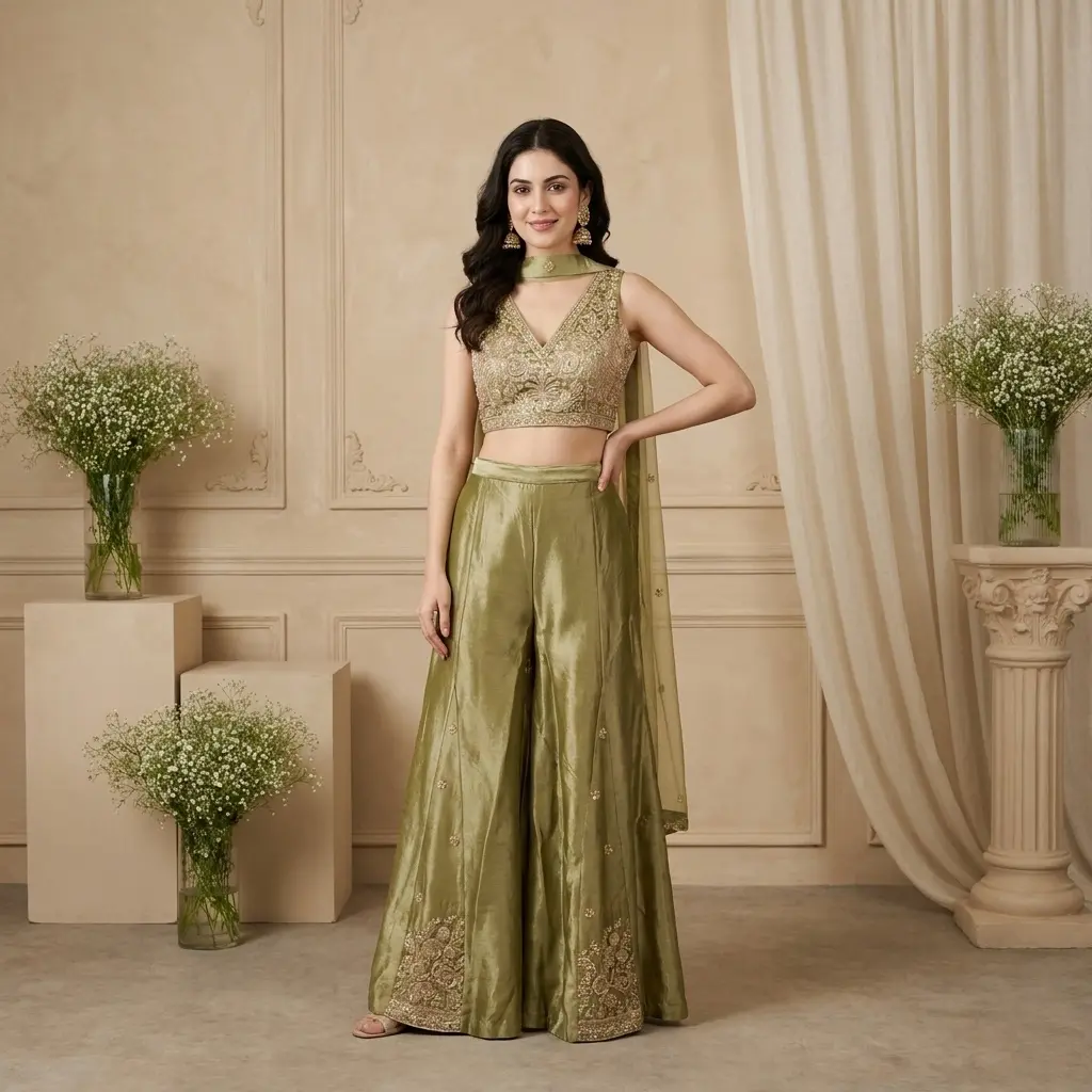 Olive Green Metallic Tissue Embroidered Crop Top and Sharara Set