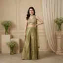 Olive Green Metallic Tissue Embroidered Crop Top and Sharara Set