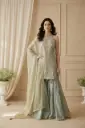 Sage Green Halter Neck Embroidered Tunic Sharara Set