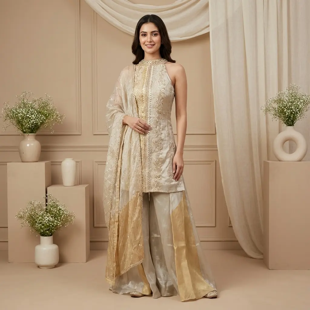 Champagne Gold Embroidered Tissue Kurti Sharara Set