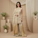 Champagne Gold Embroidered Tissue Kurti Sharara Set