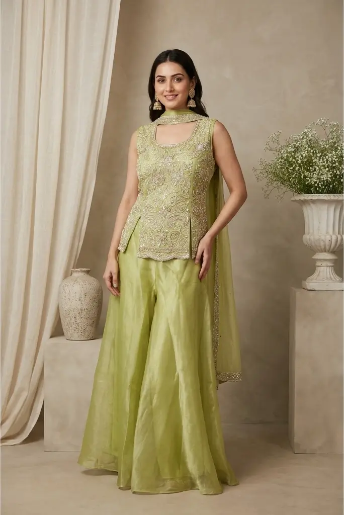 Lime Green Hand-Embroidered Kurti and Flared Palazzo Set