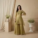 Olive Green Tissue Organza Embellished Tunic Sharara Set 