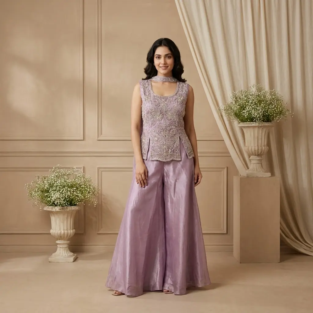 Lilac Tissue Indo-Western Top and Flared Sharara Set 