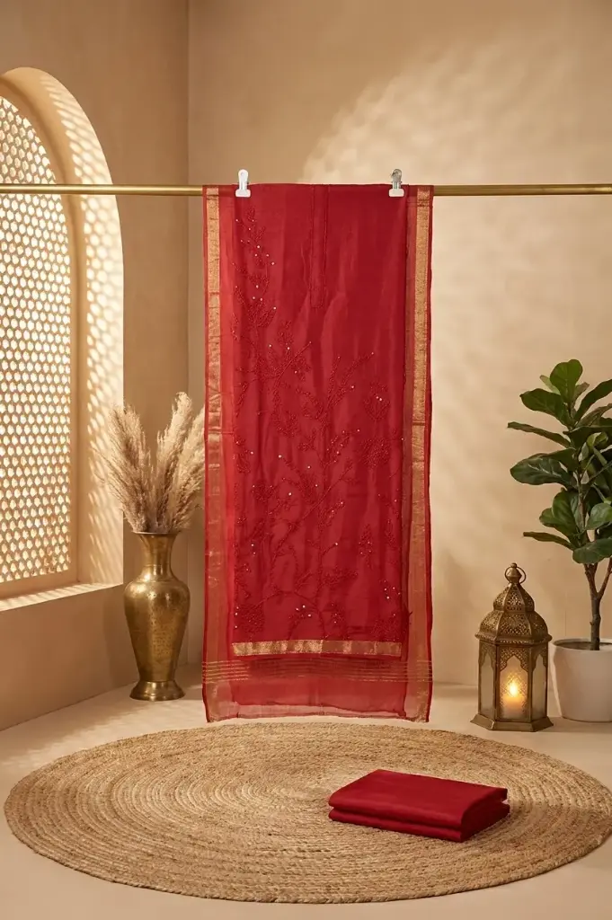 Crimson Red Embroidered Chanderi Silk Unstitched Suit Material