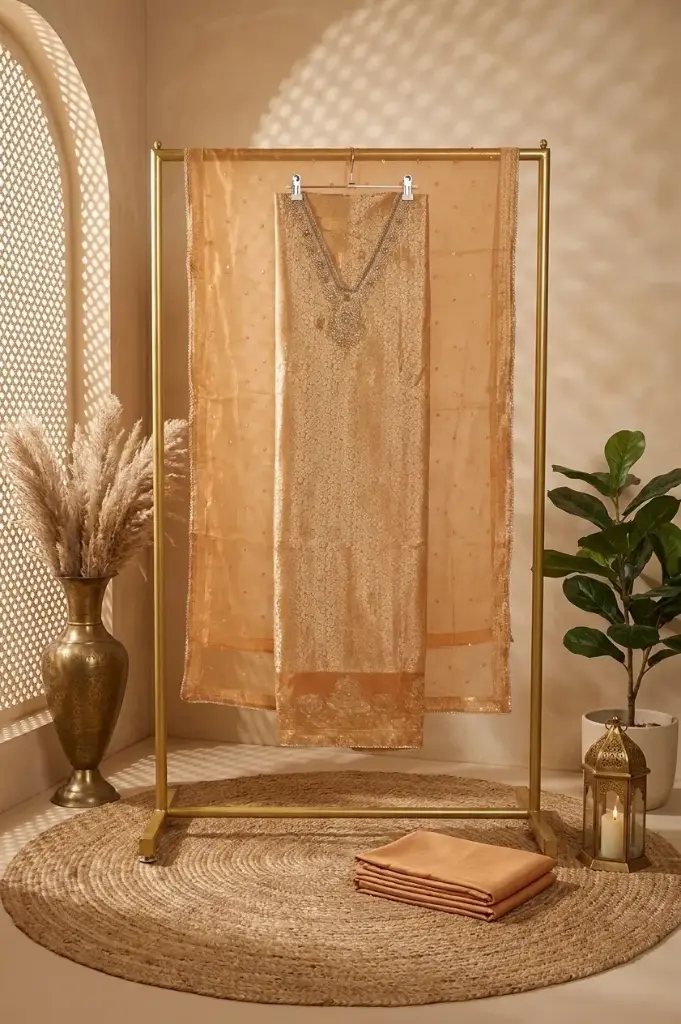 Peach Banarasi Silk Unstitched Salwar Suit Dress Material